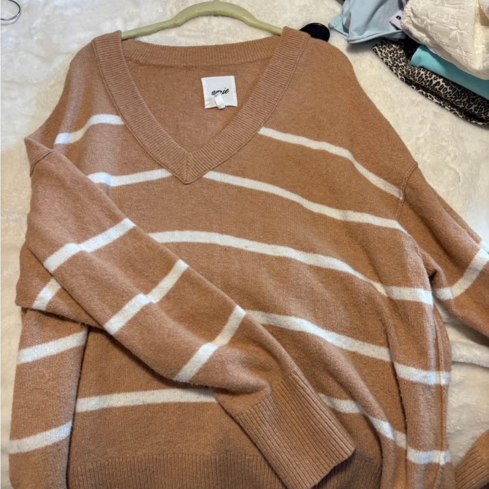 aerie Striped V-Neck Sweater in Camel and White